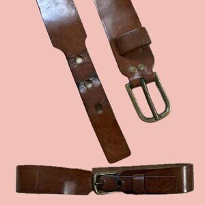 Vintage Handmade Leather Belt – Thick Sturdy Brown Leather, Brass Buckle